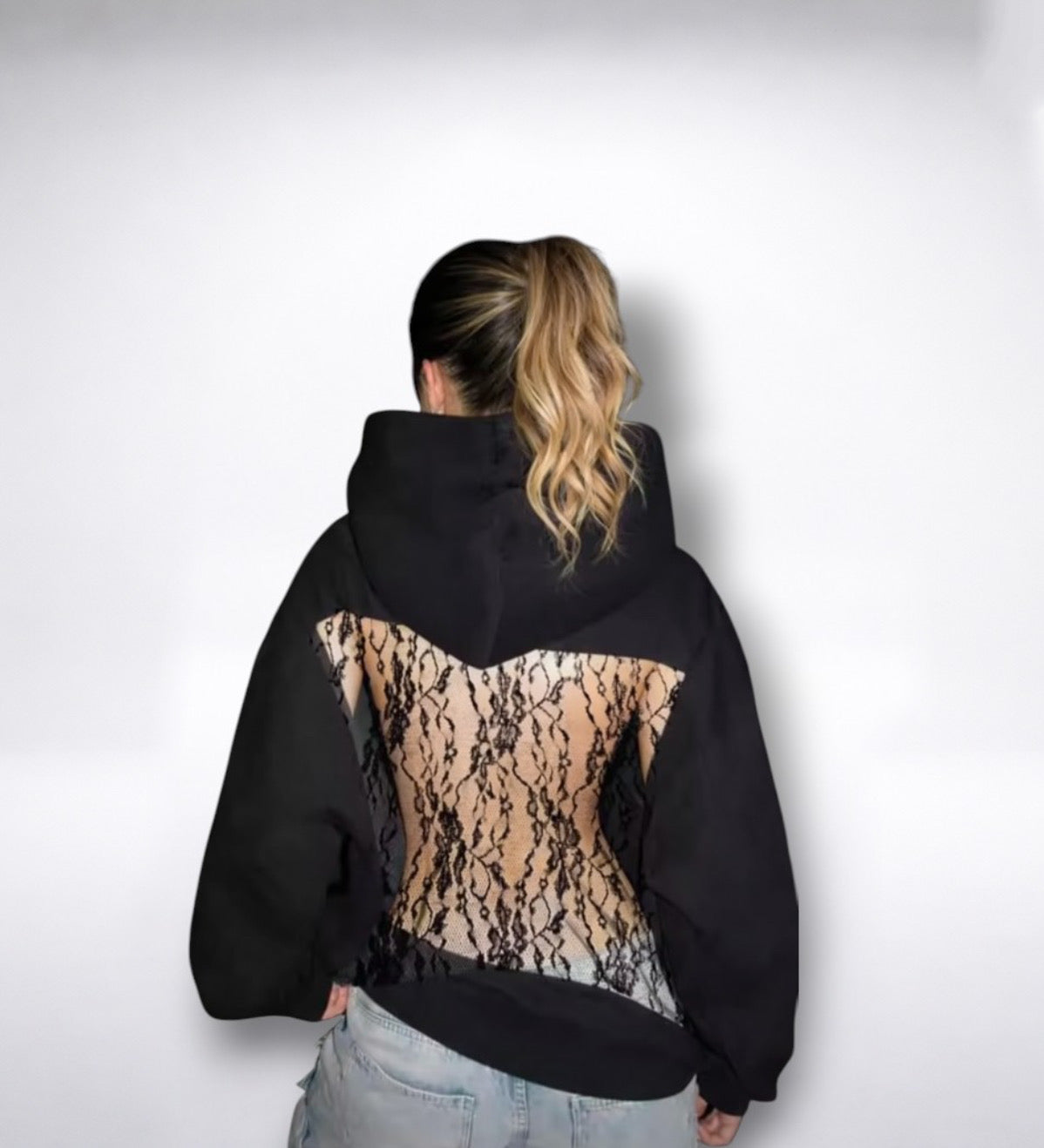 OFFSKIN BLACK LACE MESH BACK HOODIE